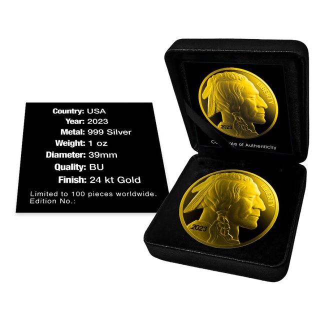 America - Silver Buffalo Full 24k Gold Gilded Silver Coin - 1 oz