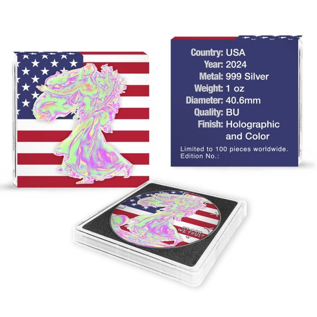 American Silver Eagle US Flag Holographic Lady Liberty Colorized Coin 1 oz