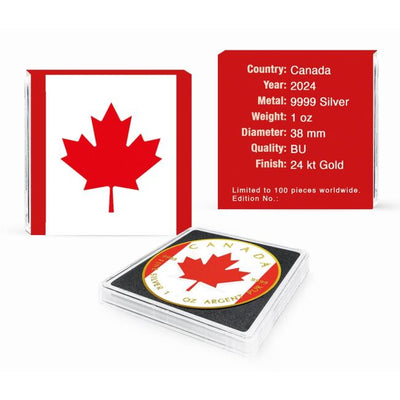 Canada - Maple Leaf Canada Flag 24k Gold Gilded Colorized Silver Coin - 1 oz
