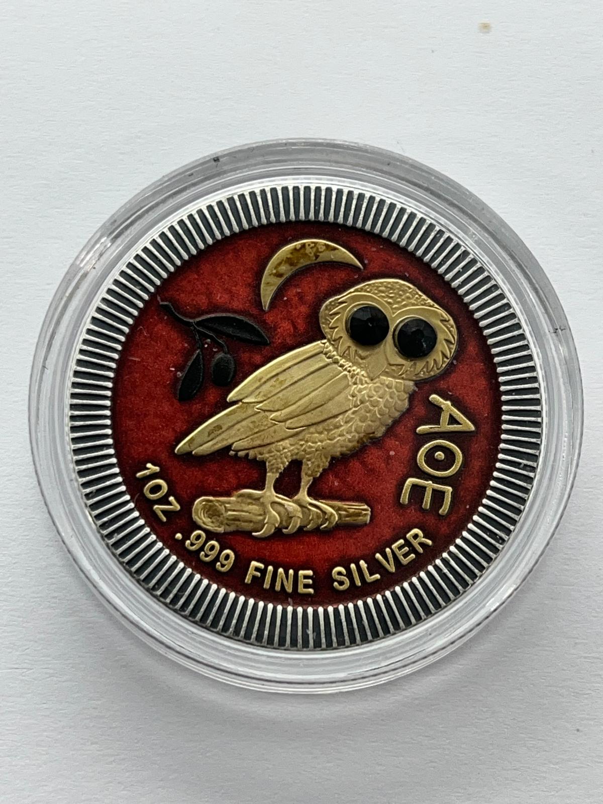 Athenian Owl Red background Black Eyes - 1 oz