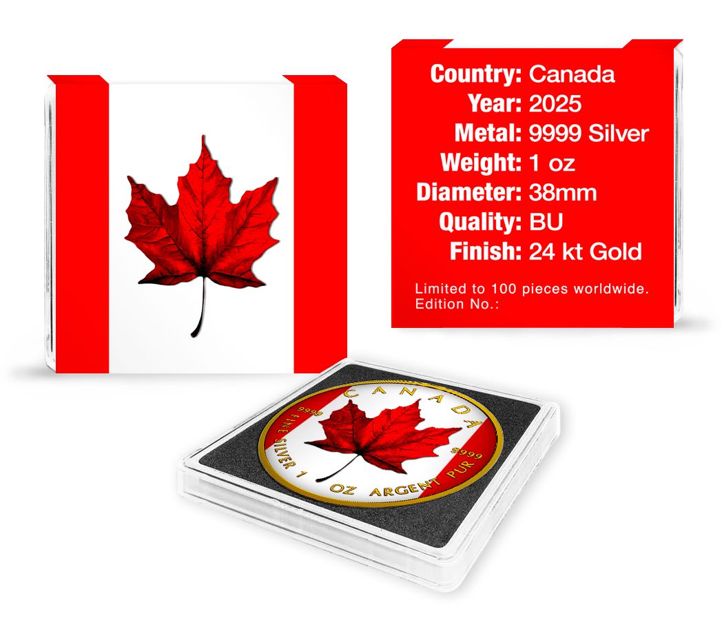 Canada - Maple Real Leaf Canada Flag 24k Gold Gilded Colorized Silver Coin - 1 oz