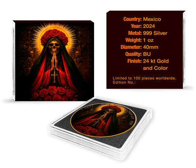 Mexico – Libertad Praying Santa Muerte 24k Gold Gilded Colorized Silver Coin