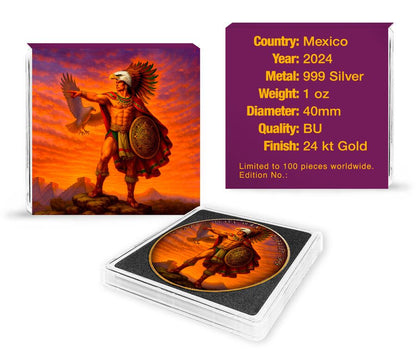 Mexico - Libertad Aztec Eagle Warrior 24k Gold Gilded Colorized Silver Coin - 1 oz