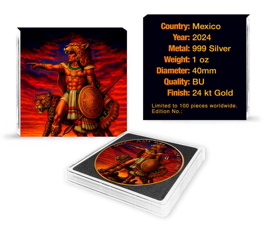 Mexico - Libertad Jaguar Warrior Colorized 24k Gold Gilded Silver Coin - 1 oz