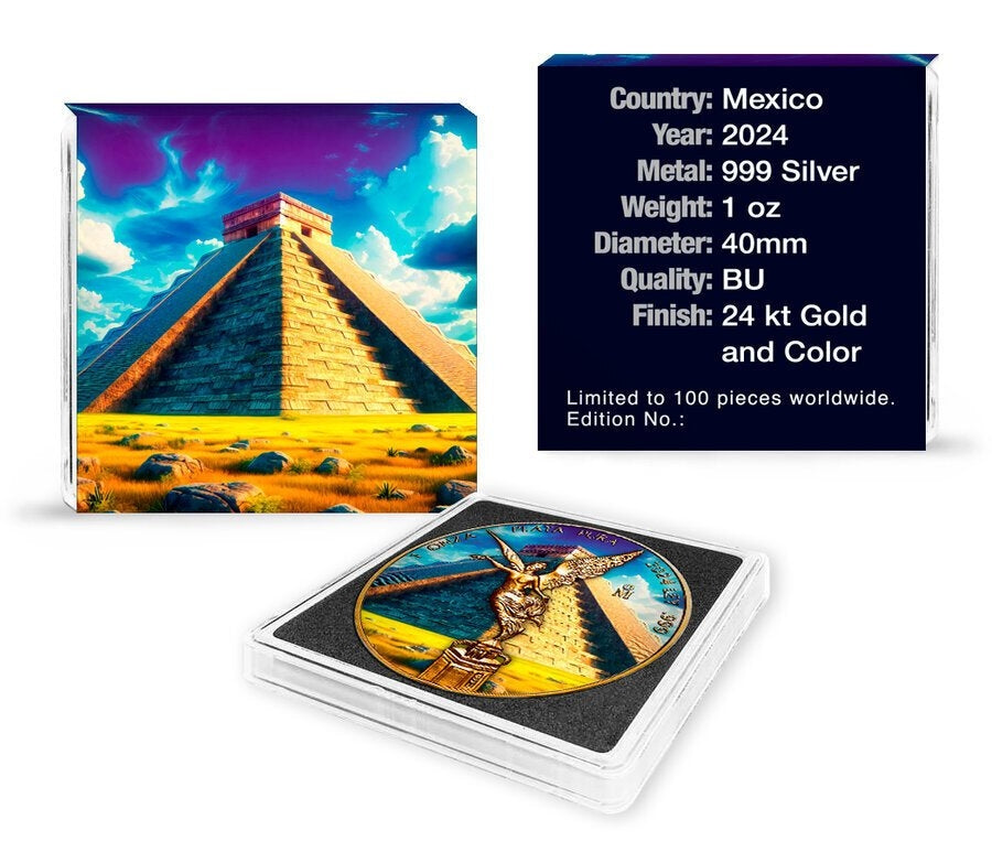 Mexico - Libertad Chichen Itza 24k Gold Gilded Colorized Silver Coin - 1 oz