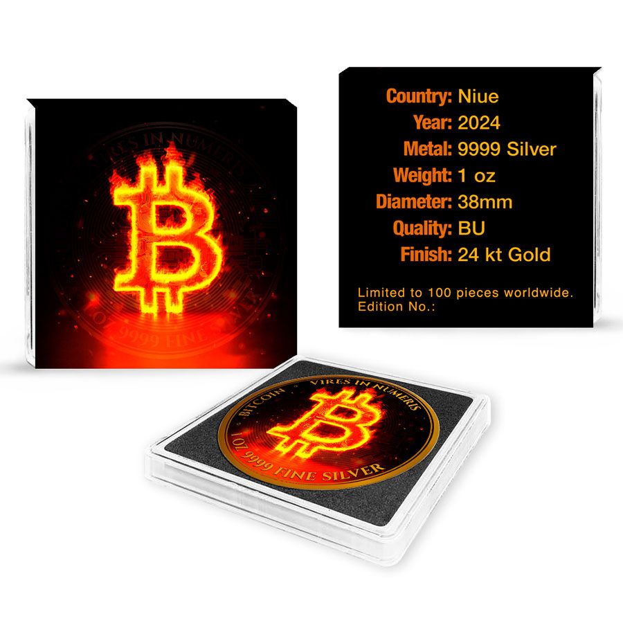 Niue - Burning Bitcoin 24k Gold Gilded Colorized Silver Coin - 1 oz