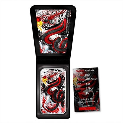 Australia - Silver Rectangle Black Dragon Metallic Colorized Coin-Bar - 1 oz