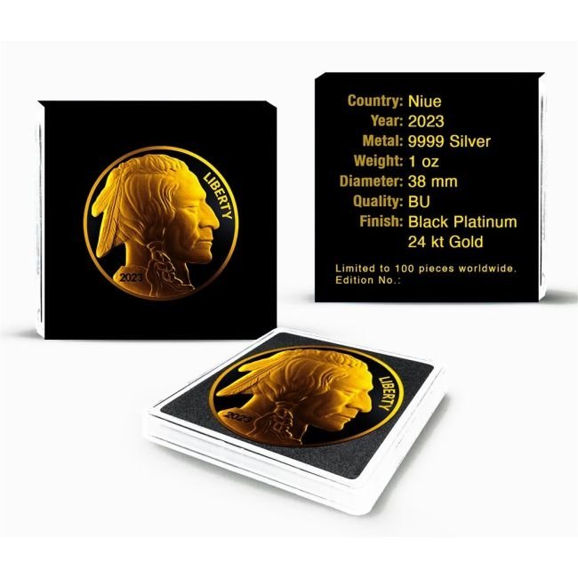 America - Silver Buffalo Round Black Platinum 24k Gold Gilded Coin - 1 oz