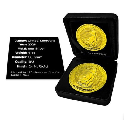 UK - Silver Britannia Full 24k Gold Gilded Coin - 1 oz