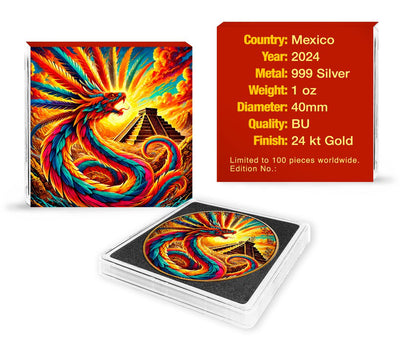 Mexico - Libertad Quetzalcoatl 24k Gold Gilded Colorized Silver Coin