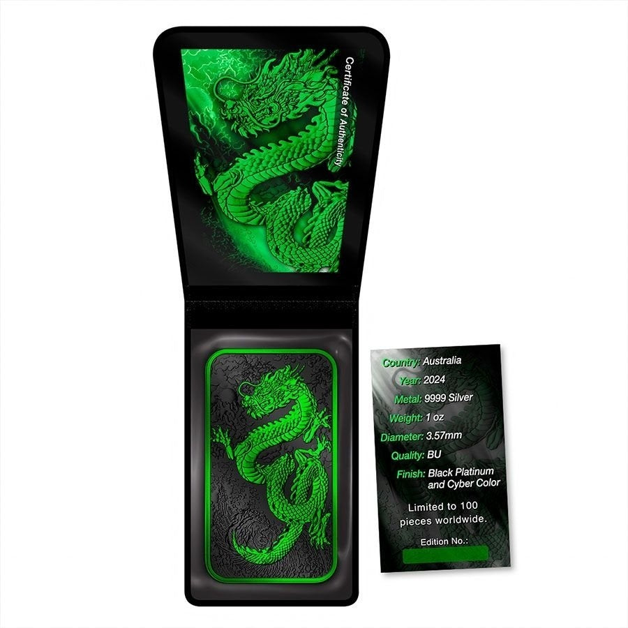 Australia - Silver Rectangle Dragon Cyber ​​Green Black Platinum Colorized Coin-Bar- 1 oz