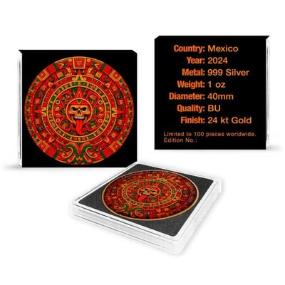 Mexico – Libertad Aztec Calendar 24k Gold Gilded Colorized Silver Coin