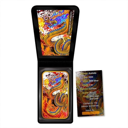 Australia - Silver Rectangle Yellow Dragon 24k Gold Gilded Metallic Colorized Coin-Bar - 1 oz