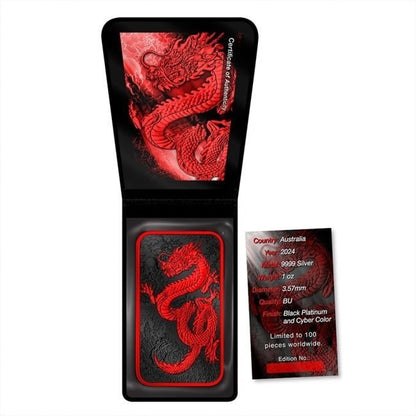 Australia - Silver Rectangle Dragon Cyber ​​Red Black Platinum Colorized Coin-Bar - 1 oz