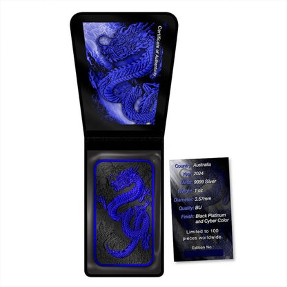 Australia - Silver Rectangle Dragon Cyber ​​Blue Black Platinum Colorized Coin-Bar - 1 oz