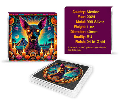 Mexico - Libertad Aztec Xoloitzcuintli 24k Gold Gilded Colorized Silver Coin