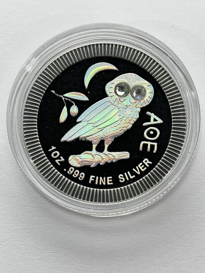 Athenian Owl Black background White Eyes - 1 oz