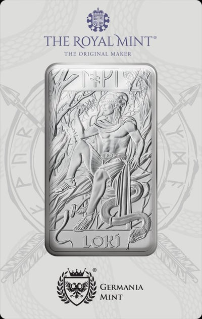The Royal Mint und Germania Mint Norse Gods Loki Silberbarren (in Blisterverpackung) - 10 oz