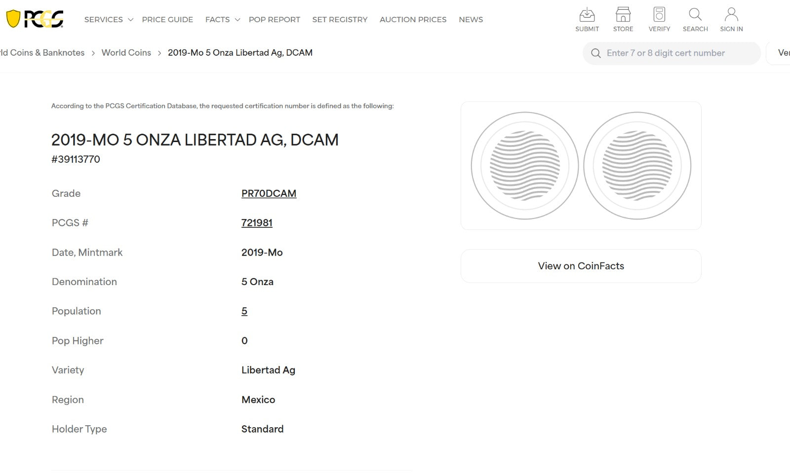 Mexico - Libertad Silver - PCGS PR 70 DCAM - 5 oz