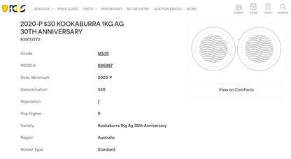 Australia - Kookaburra PCGS MS 70 - TopPop - 30th anniversary  - 1 kg