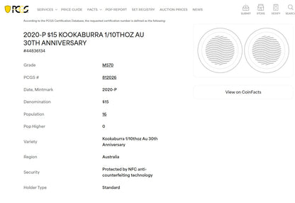 Australia - Kookaburra 30th Anniversary Gold - PCGS MS 70  - 1/10 oz
