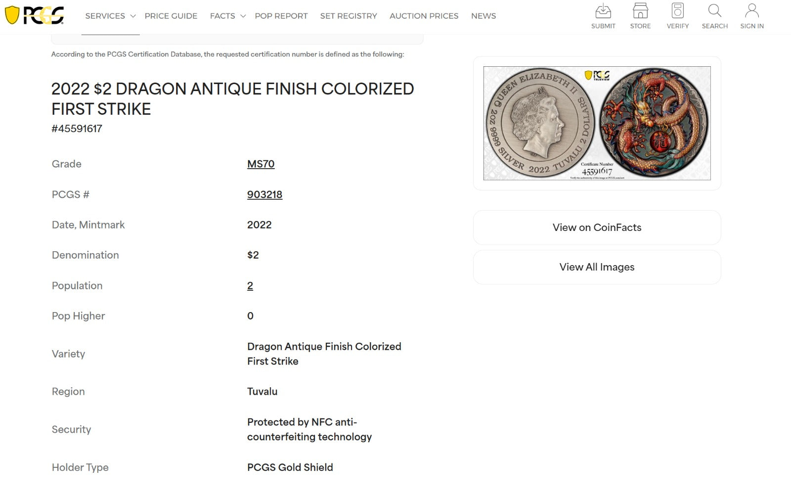 Tuvalu - Dragon Antique Colorized First Strike - PCGS MS 70 - 2 oz