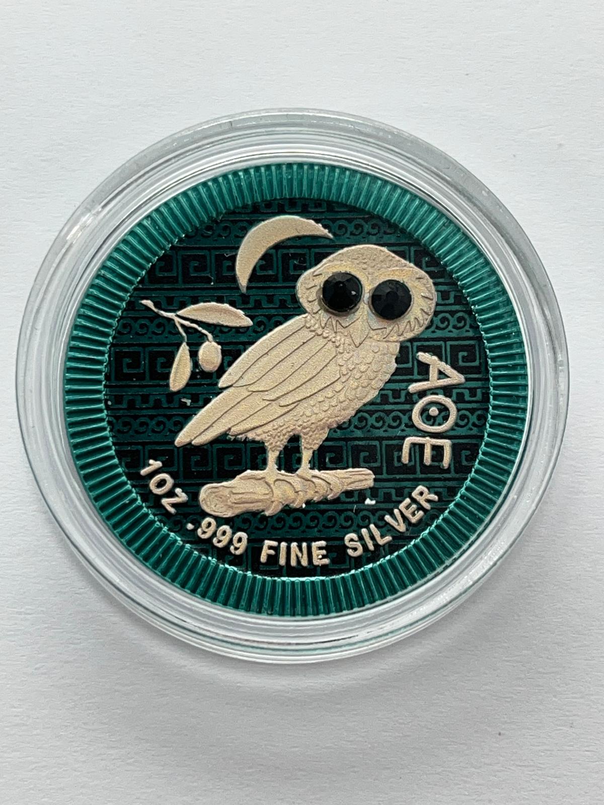 Athenian Owl Green/Blue background Black Eyes - 1 oz