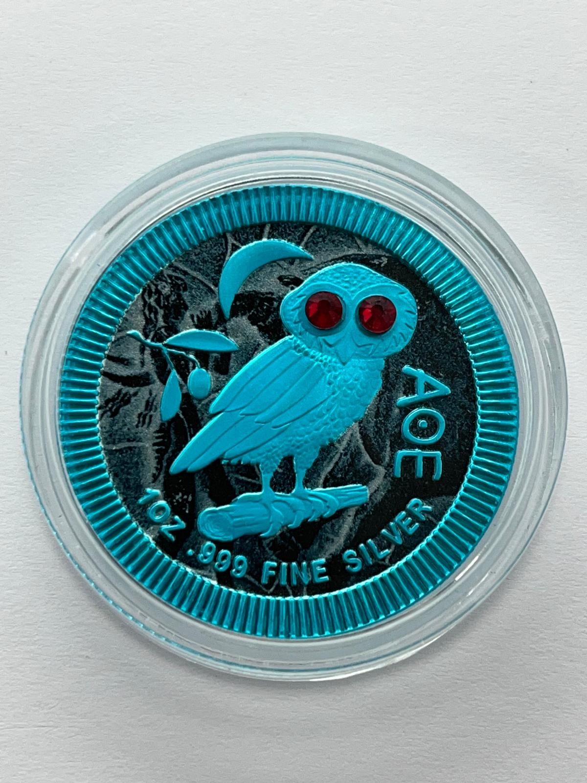 Athenian Owl Silver background Turqoise Ring Red Eyes - 1 oz